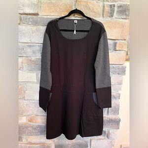 Lagenlook Black and Gray Striped Long Sleeve Jersey Dress